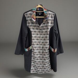 Donna White Multicolor Plaid Long Coat Women's Size L Artsy Eclectic Lagenlook